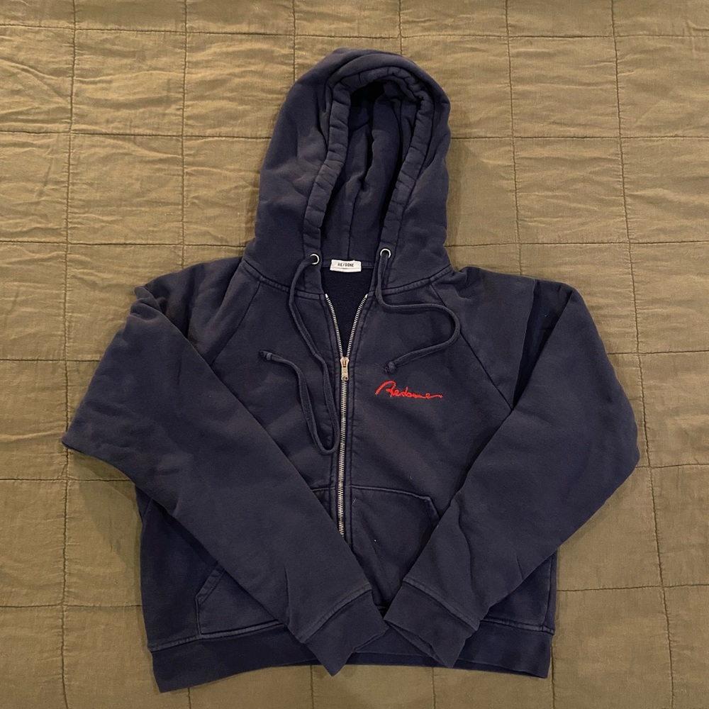 Re/Done Navy Blue Hoodie with Red Logo